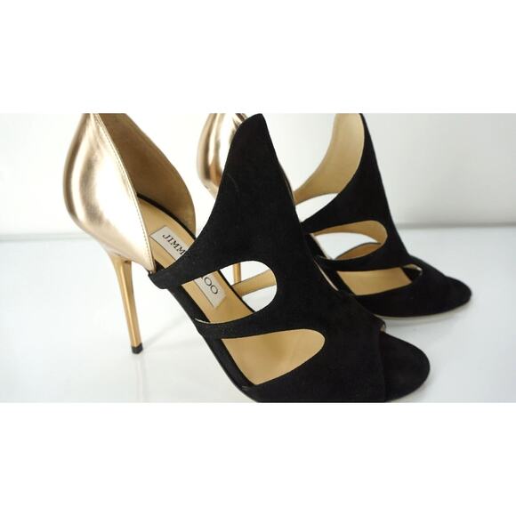 Jimmy Choo Tarine Black Suede Gold Leather Open Toe Cut Out Sandals SZ 38.5 $895 - Picture 3 of 10